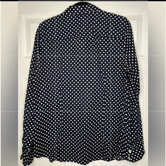 J. Crew Button Down Polka Dot Shirt Women’s Large Navy & White Long Sleeves - Picture 2 of 3